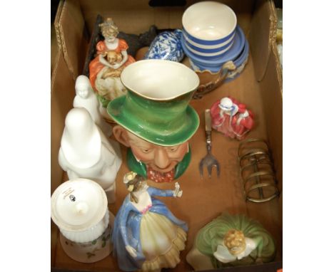 A box of miscellaneous items to include three Royal Doulton figures  Soiree HN2312, Leading Lady HN2269, Goody Two-Shoes HN20