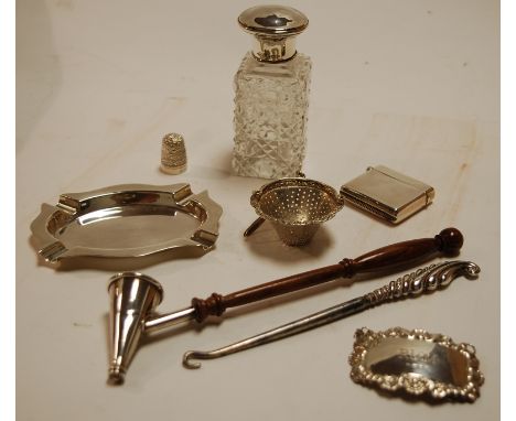 A small collection of assorted silver items to include; circa 1900 silver vesta of plain undecorated form, silver mounted sce