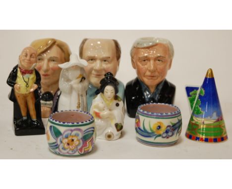 A Royal Doulton Dickensware figure of Micawber; together with Manor Pottery John Humphries character jug; pair of Poole cruet