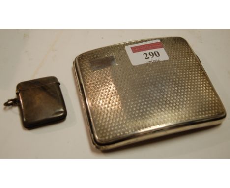 An early 20th century silver pocket cigarette case, with engine turned decoration; together with a small silver vesta of plai