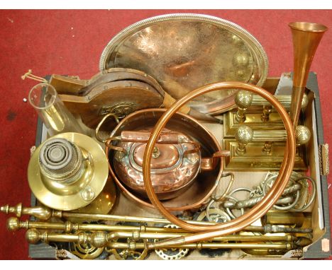 A box of miscellaneous metalwares to include copper range kettle, copper bugle, brass oil lamp, turned brass fire tools etc