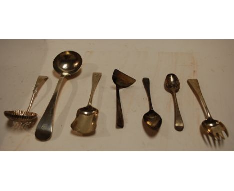 A small collection of 19th century and later silver flatware to include; sifting spoon, teaspoons etc, various dates and make