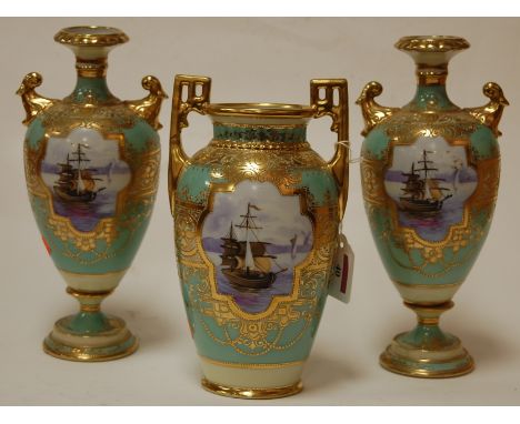 A Noritake porcelain twin handled vase on a turquoise ground with central panel painted with sailing ships within gilt border