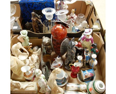 LUSTRES NOT IN THIS LOT. Two boxes of miscellaneous china and glassware to include Continental porcelain figures, Leonardo Co