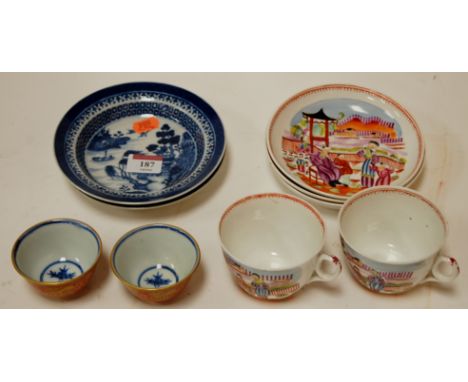 A collection of 19th century and later Chinese porcelain tea wares to include; blue and white saucers, bowls etc