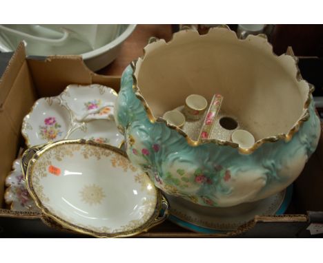 Three boxes of miscellaneous china and glassware to include Wedgwood blue jasper trinket jars and covers, Royal Doulton part 