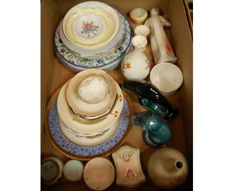 A box of miscellaneous china to include Poole pottery figure of a dolphin, Carlton ware bottle vase, Lock & Co. Worcester min