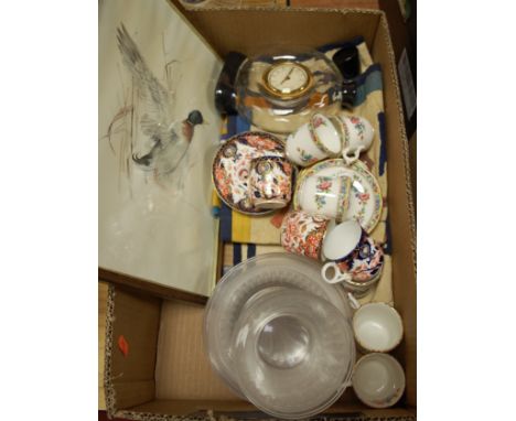 A box of miscellaneous items to include 19th century Crown Derby coffee cans and saucers in the Imari pallet, Coalport Ming R