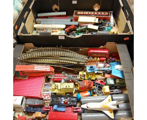 Two boxes of assorted loose and playworn diecast toy vehicles and trains to include Dinky Supertoys heavy tractor, Corgi toys