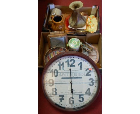 Two boxes of miscellaneous items to include; large modern wall clock, Chinese style bowl, oak cased barometer, Nao figure etc