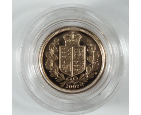 2002 Jubilee gold half-sovereign, proof struck, fourth portrait, obverse Royal Arms Shield, original packaging and red velvet