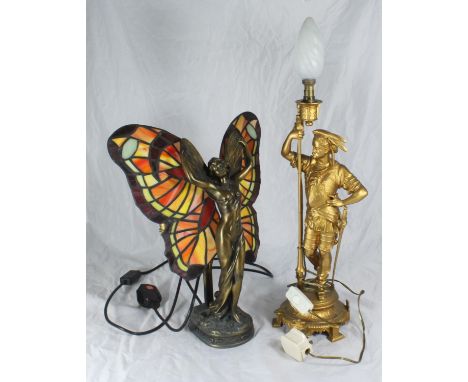 A gold-painted spelter figural table lamp modelled as Conquistador, 56cm, together with a patinated composition figural lamp 