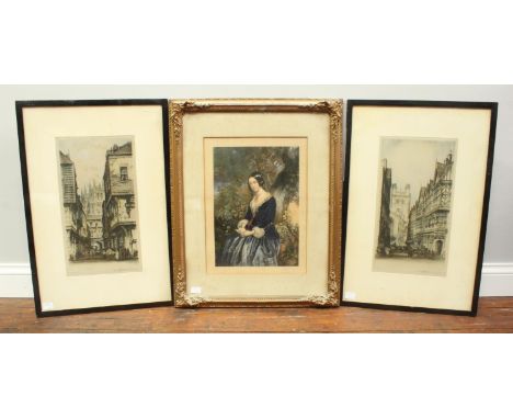 Three assorted colour etchings and prints including two coloured etchings of street scenes after E Sharland, a George Baxter 