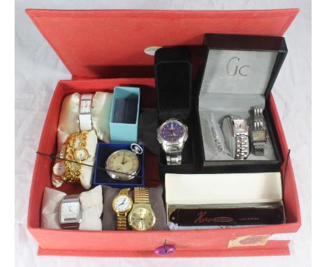 Eleven various watches including brands Guess, Next, Casio etc, and a Harmonica 