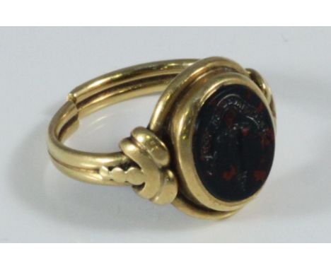An unmarked yellow metal bloodstone seal ring (probably 18ct) 5.5 grams gross (shank has been cut) 