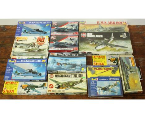 Thirteen various unmade scale model combat aeroplanes and battleships 