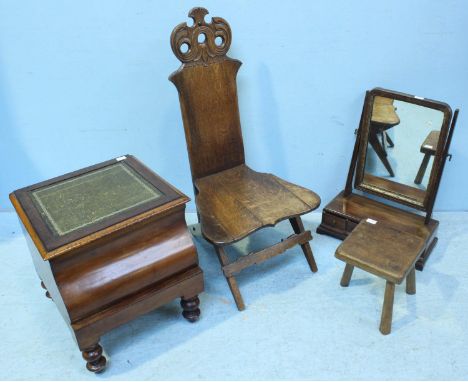 A low oak chair with pierced and scrolled back, together with a mahogany platform mirror, a walnut pull-out step commode with