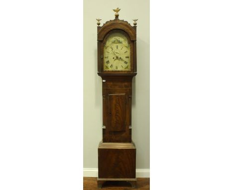 A George III flame mahogany longcase clock, the hood with three brass eagle finials, the white dial with Roman numerals denot