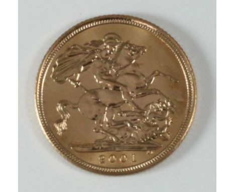 A 2001 ERII gold sovereign, brilliant uncirculated, fourth portrait 