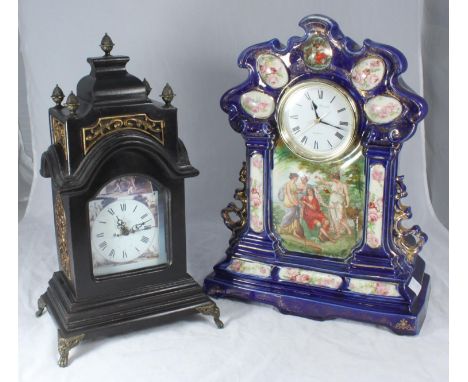 A late 19th / early 20th century pottery mantel clock case printed with classical figures, together with an ebonised pagoda c