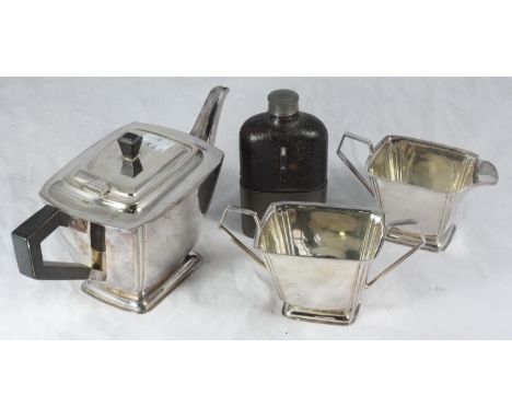 A three-piece silver-plated tea set, together with a hip-flask with white metal mounts. 