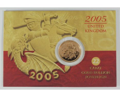A 2005 gold sovereign, Timothy Noad George &amp; Dragon, fourth portrait, brilliant uncirculated, original packaging 