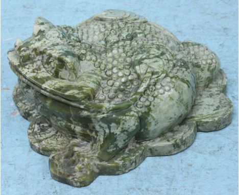 A large green hardstone (possibly jade) model of a three-legged Jin Chan (money toad) with coins on its back, raised on shape