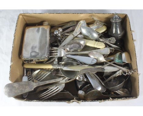 A quantity of silver-plated flatware including knife rests, hip flask, condiments etc. 