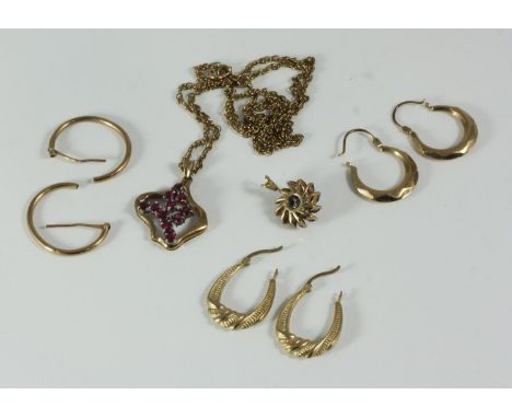 Three pairs of 9ct gold earrings, together with 9ct gold ruby and diamond pendant, and 9ct gold necklace with pendant 