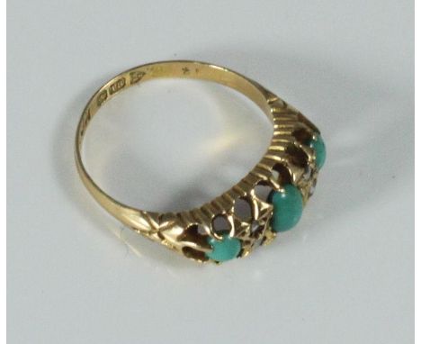 An 18ct gold, turquoise and diamond ring, claw-set carved head, cabochon cut turquoise, rose-cut diamonds, 3.5 grams 