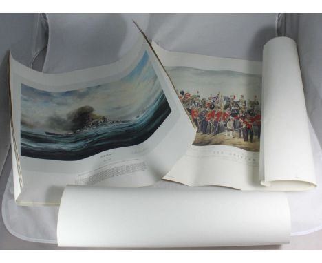 Five prints of KM Bismark signed in pencil by Baron Von Mullenheim Rechburg, Gunnery Officer, together with three Royal Naval