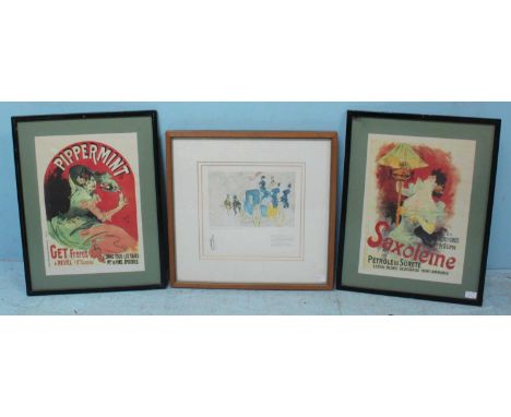 A pair of advertising posters for Saxoleine and Peppermint, mounted, glazed and framed, approx. 42x29cm, together with a limi