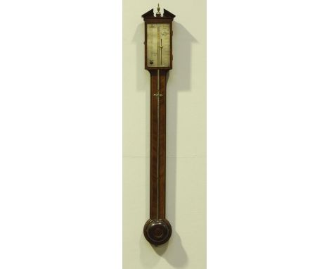 A mercury stick barometer in marquetry, mahogany and walnut case, with silvered scale inscribed 'Joseph Torre &amp; Co of Chi