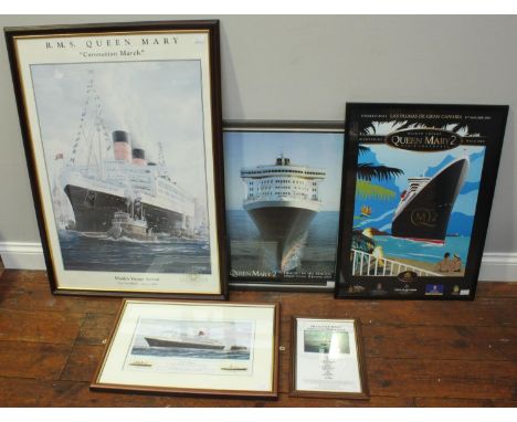 Three framed posters together with a limited edition signed print and a signed menu relating to RMS Queen Mary and Queen Mary