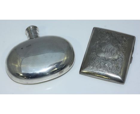 A silver hip flask of oval form, London, 1859, maker's mark of Brownett &amp; Rose, together with a silver vesta case, Birmin