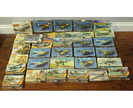 Thirty-four boxed Airfix, Starfix and Matchbox scale model aeroplanes and plastic model US, British and German soldiers 