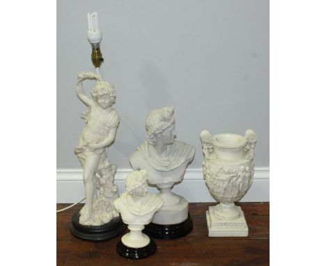 Two various composition busts of the Apollo Belvedere, the tallest 35cm, together with figural Putti table lamp and Renaissan