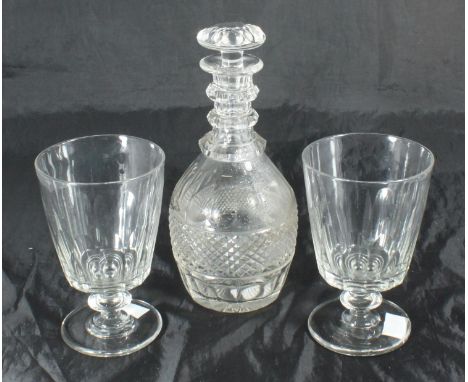 A pair of late Georgian glass rummers together with a 19th century three-ring mallet decanter (3) 