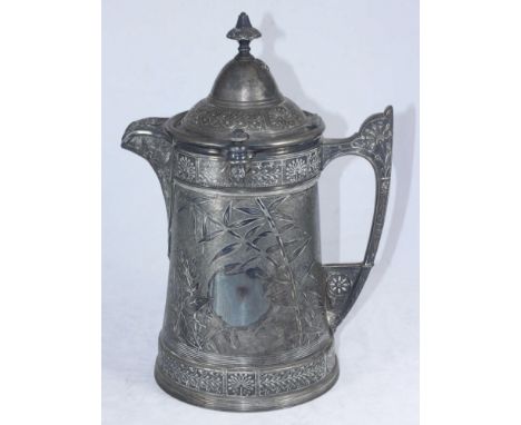 A Reed &amp; Barton large silver-plated hot water jug decorated in the 'Aesthetic' style, with ceramic liner, 35cm high 