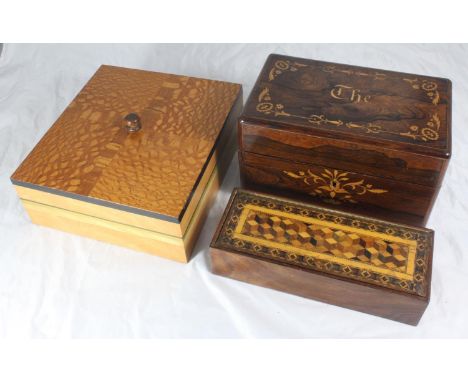 A 19th century rectangular Tunbridge ware wooden box, a small box with mother-of-pearl inlaid top, modern burr wood box with 