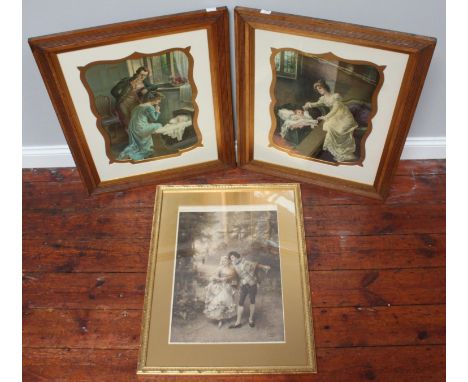 A pair of Victorian colour lithographs of an infant in cradle, 50x33cm with shaped mounts, together with a print of a courtin