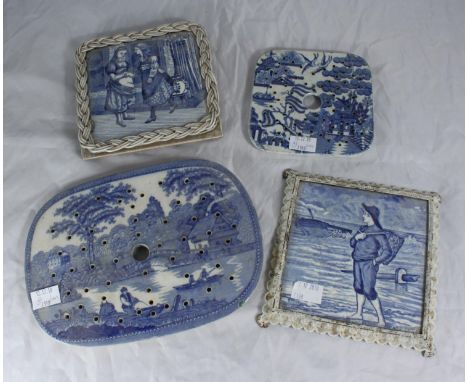 Two ceramic tiles by Josiah Wedgwood &amp; sons Etruria, decorated with blue and white transfer printed scenes depicting chil
