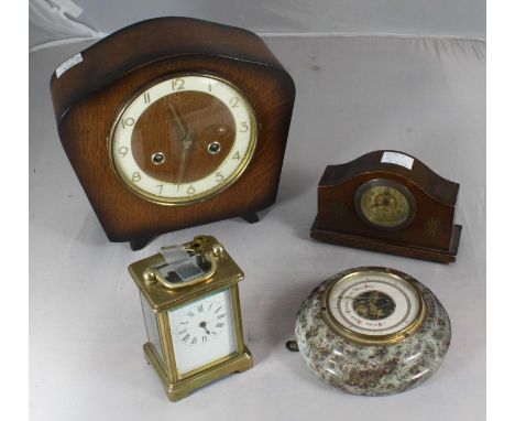A French brass carriage timepiece by R&amp;C Paris, together with two early 20th C mantel clocks and a marble-mounted aneroid