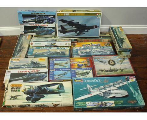 Seventeen various unmade scale model battleships and aeroplanes including Bismark, HMS Iron Duke, Ark royal and Dornier Do X,