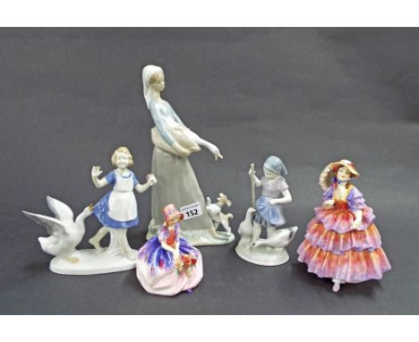 Royal Doulton 'The Hinged Parasol' HN1579, Royal Doulton 'Monica' HN1407, Nao figure of a lady holding a swan with a dog at h