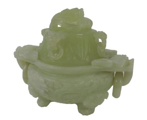 Chinese green hardstone twin-handled koro carved with beasts, with ring handles, 7" high