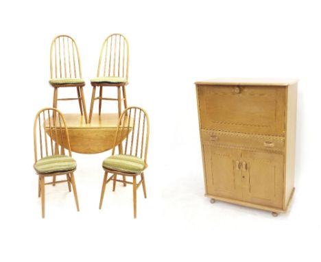 Ercol style dining room suite comprising four chairs, drop-leaf table and a matching bureau (6)