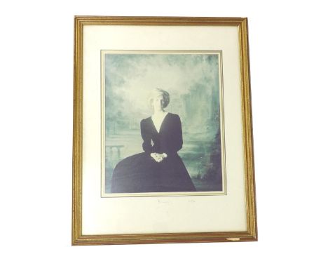 English School (20th/21st century) - Portrait of Diana, Princess of Wales, seated in front of a classical garden backdrop, si