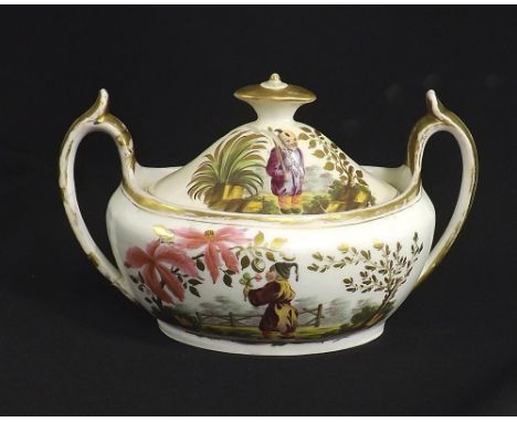 Early 19th century Minton porcelain twin handled lidded sucrier, painted with Chinese children and gilded highlights, marked 