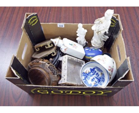 Mixed selection of Oriental items to include two blanc de chine figures, pair of blue and white porcelain saucers, porcelain 